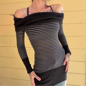 Y2K CACHE Off the Shoulder Striped Sweater Tunic Mini Dress XS